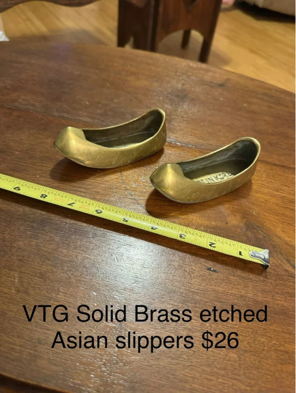 Vintage solid brass etched Asian slippers